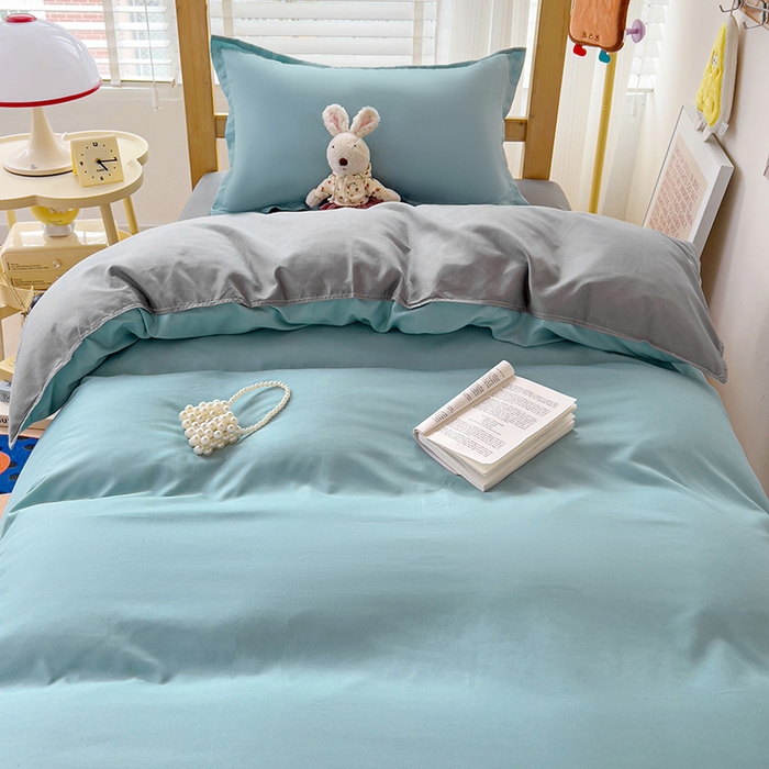 91家纺网 家纺一手货源 找家纺 楠沐家纺 2025新款亲肤芦荟棉印花学生宿舍上下铺四件套三件套 水蓝银灰