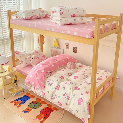 91家纺网 家纺一手货源 找家纺 楠沐家纺 2025新款亲肤芦荟棉印花学生宿舍上下铺四件套三件套 糖果kt猫