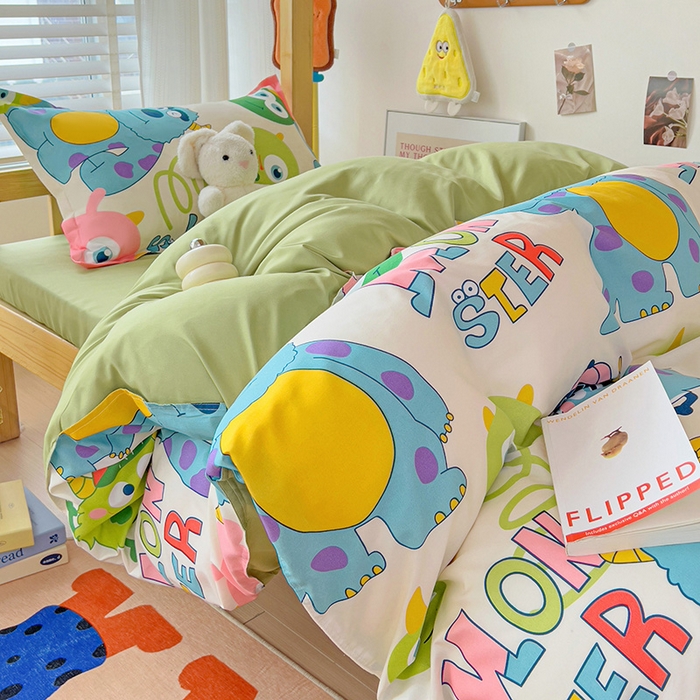 91家纺网 家纺一手货源 找家纺 楠沐家纺 2025新款亲肤芦荟棉印花学生宿舍上下铺四件套三件套 怪兽大学