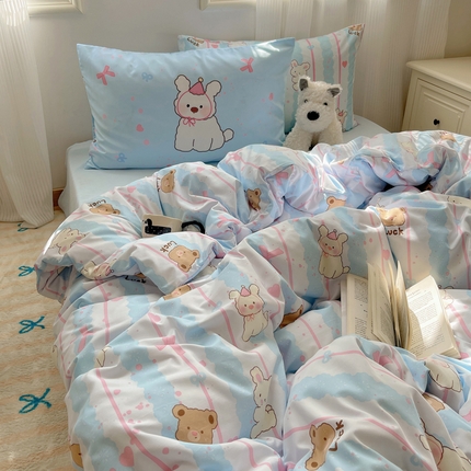 91家纺网 家纺一手货源 找家纺 轻奢坊 2024新款水洗棉可爱卡通四件套 蓝条狗