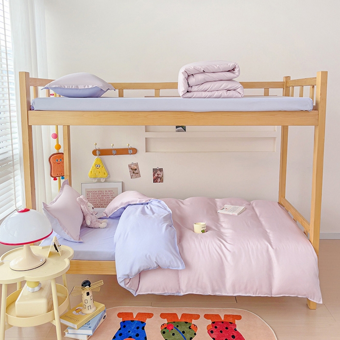 91家纺网 家纺一手货源 找家纺 楠沐家纺 2025新款亲肤芦荟棉印花学生宿舍上下铺四件套三件套 泡泡粉+泡泡紫