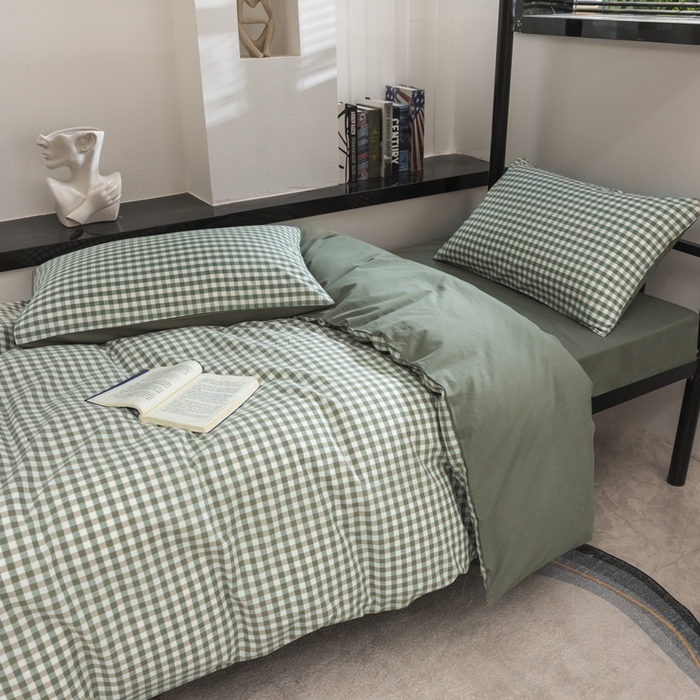 91家纺网 家纺一手货源 找家纺 柠萌家居 2025新款无印良品风色织水洗棉A类学生宿舍三件套 小格绿