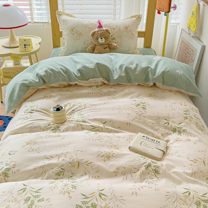 91家纺网 家纺一手货源 找家纺 楠沐家纺 2025新款亲肤芦荟棉印花学生宿舍上下铺四件套三件套 仙草