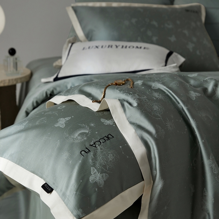 91家纺网 家纺一手货源 找家纺 安莱生活 2024新款60S天丝棉提花四件套-铂金摩卡 星辰-梦华绿