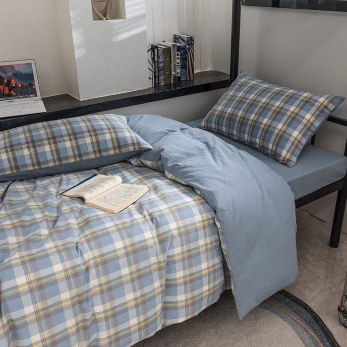 91家纺网 家纺一手货源 找家纺 柠萌家居 2025新款无印良品风色织水洗棉A类学生宿舍三件套 简兮蓝