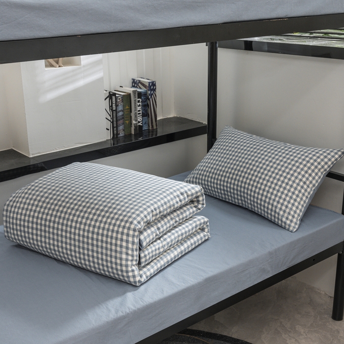 91家纺网 家纺一手货源 找家纺 柠萌家居 2025新款无印良品风色织水洗棉A类学生宿舍三件套 蓝小格