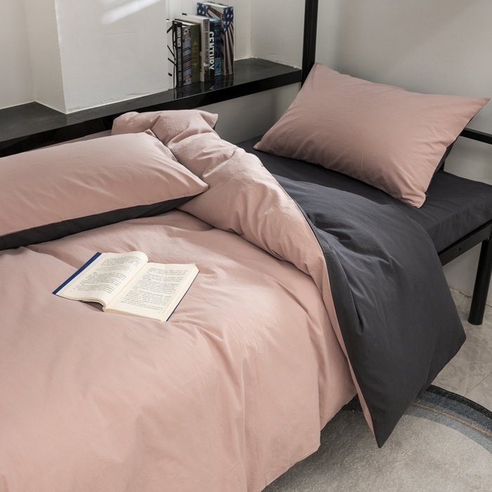 91家纺网 家纺一手货源 找家纺 柠萌家居 2025新款无印良品风色织水洗棉A类学生宿舍三件套 豆沙深灰