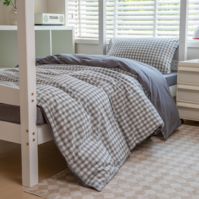 91家纺网 家纺一手货源 找家纺 柠萌家居 2025新款无印良品风色织水洗棉A类学生宿舍三件套 尚品灰