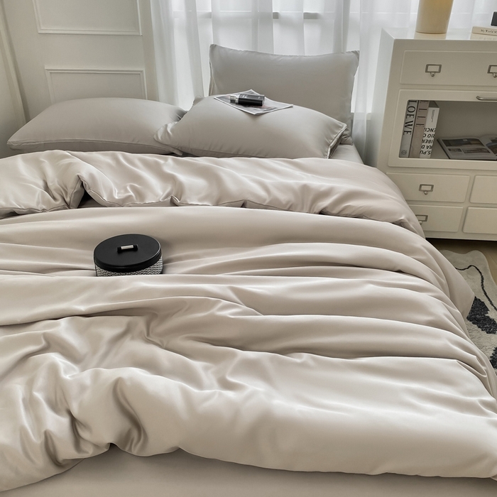 91家纺网 家纺一手货源 找家纺 乐沐家纺 2024新款夏季水洗冰丝四件套水洗真丝纯色双拼单被套-风格二 月光灰