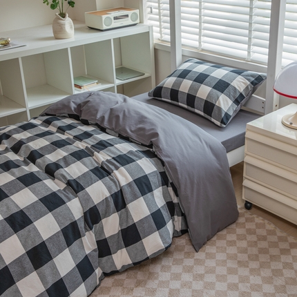 柠萌家居 2025新款无印良品风色织水洗棉A类学生宿舍三件套 留恋时光-黑