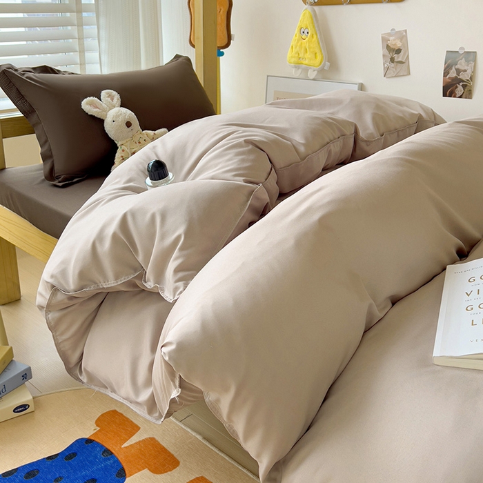 91家纺网 家纺一手货源 找家纺 楠沐家纺 2025新款亲肤芦荟棉印花学生宿舍上下铺四件套三件套 咖色摩卡