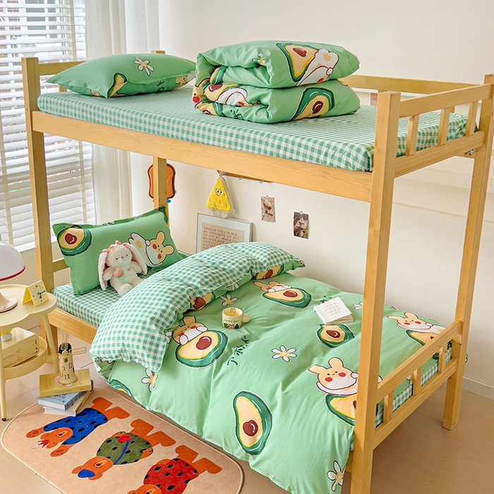 91家纺网 家纺一手货源 找家纺 楠沐家纺 2025新款亲肤芦荟棉印花学生宿舍上下铺四件套三件套 牛油果小兔