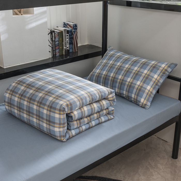 91家纺网 家纺一手货源 找家纺 柠萌家居 2025新款无印良品风色织水洗棉A类学生宿舍三件套 简兮蓝