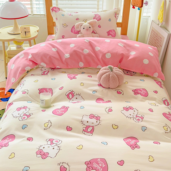 91家纺网 家纺一手货源 找家纺 楠沐家纺 2025新款亲肤芦荟棉印花学生宿舍上下铺四件套三件套 糖果kt猫