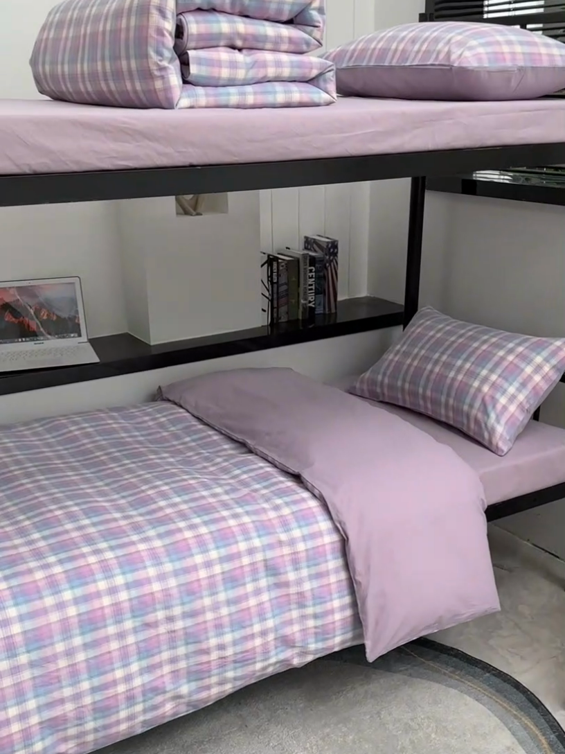 91家纺网 家纺一手货源 找家纺 柠萌家居 2025新款无印良品风色织水洗棉A类学生宿舍三件套 星空紫格