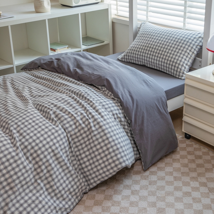 91家纺网 家纺一手货源 找家纺 柠萌家居 2025新款无印良品风色织水洗棉A类学生宿舍三件套 尚品灰