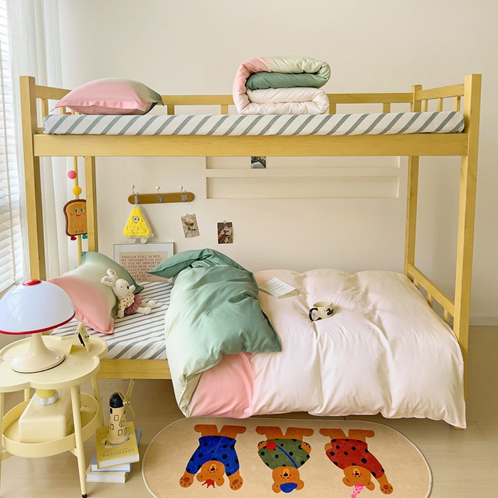 91家纺网 家纺一手货源 找家纺 楠沐家纺 2025新款亲肤芦荟棉印花学生宿舍上下铺四件套三件套 松石粉绿