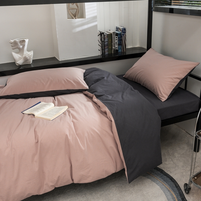 91家纺网 家纺一手货源 找家纺 柠萌家居 2025新款无印良品风色织水洗棉A类学生宿舍三件套 豆沙深灰