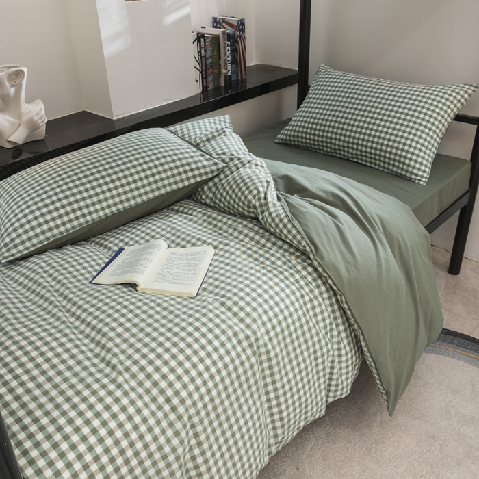 91家纺网 家纺一手货源 找家纺 柠萌家居 2025新款无印良品风色织水洗棉A类学生宿舍三件套 小格绿