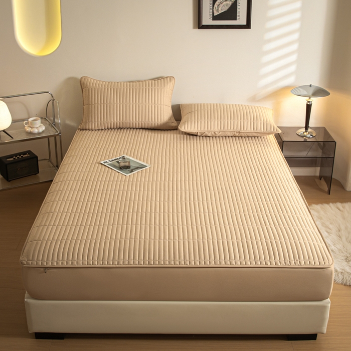 91家纺网 家纺一手货源 找家纺 雪云美 六面全包夹棉床笠拉链款A类原棉床垫套子床罩 格韵-香槟金