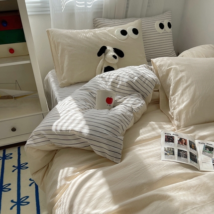 丽涵家纺 2024新款全棉混搭色织水洗棉大眼学生四件套纯棉三件套 大眼密条浅米1