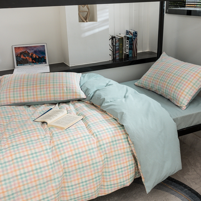 91家纺网 家纺一手货源 找家纺 柠萌家居 2025新款无印良品风色织水洗棉A类学生宿舍三件套 冰激凌绿