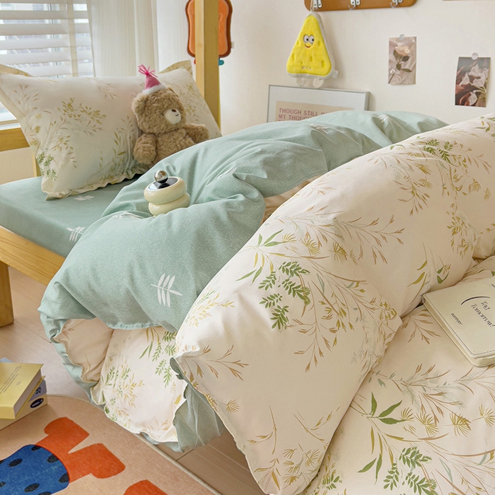 91家纺网 家纺一手货源 找家纺 楠沐家纺 2025新款亲肤芦荟棉印花学生宿舍上下铺四件套三件套 仙草