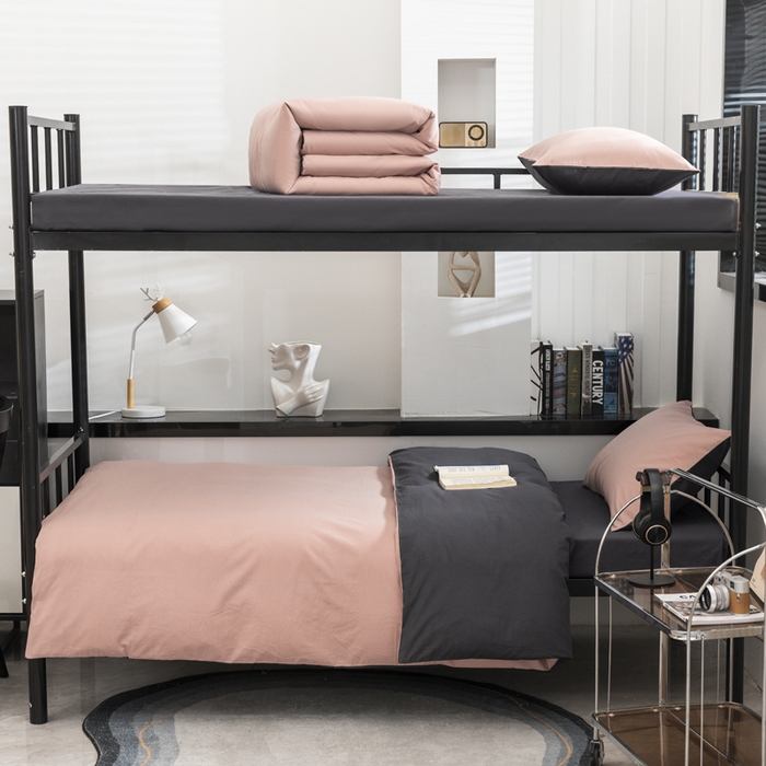 91家纺网 家纺一手货源 找家纺 柠萌家居 2025新款无印良品风色织水洗棉A类学生宿舍三件套 豆沙深灰