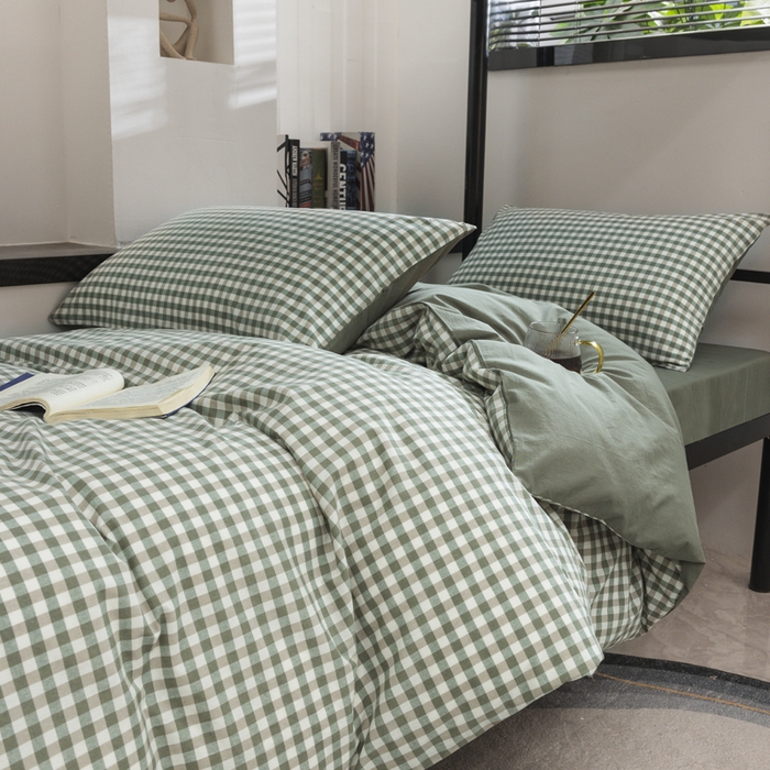 91家纺网 家纺一手货源 找家纺 柠萌家居 2025新款无印良品风色织水洗棉A类学生宿舍三件套 小格绿