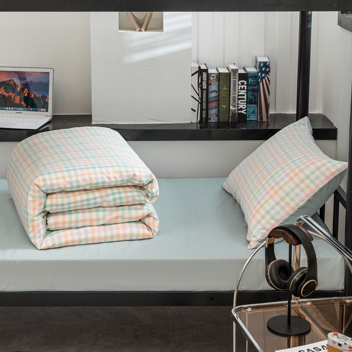 91家纺网 家纺一手货源 找家纺 柠萌家居 2025新款无印良品风色织水洗棉A类学生宿舍三件套 冰激凌绿