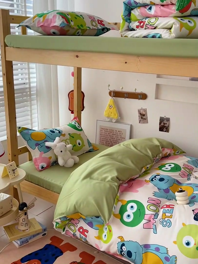 91家纺网 家纺一手货源 找家纺 楠沐家纺 2025新款亲肤芦荟棉印花学生宿舍上下铺四件套三件套 怪兽大学