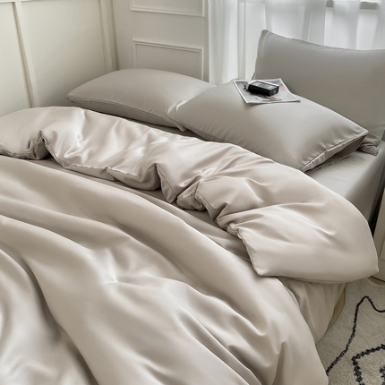 91家纺网 家纺一手货源 找家纺 乐沐家纺 2024新款夏季水洗冰丝四件套水洗真丝纯色双拼单被套-风格二 月光灰