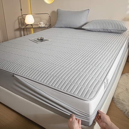 雪云美 六面全包夹棉床笠拉链款A类原棉床垫套子床罩 格韵-月光灰