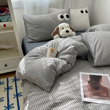 91家纺网 家纺一手货源 找家纺 丽涵家纺 2024新款全棉混搭色织水洗棉大眼学生四件套纯棉三件套 大眼中黑条