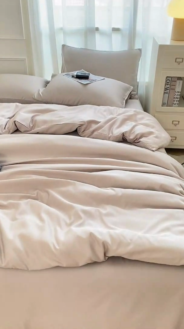 91家纺网 家纺一手货源 找家纺 乐沐家纺 2024新款夏季水洗冰丝四件套水洗真丝纯色双拼单被套-风格二 月光灰