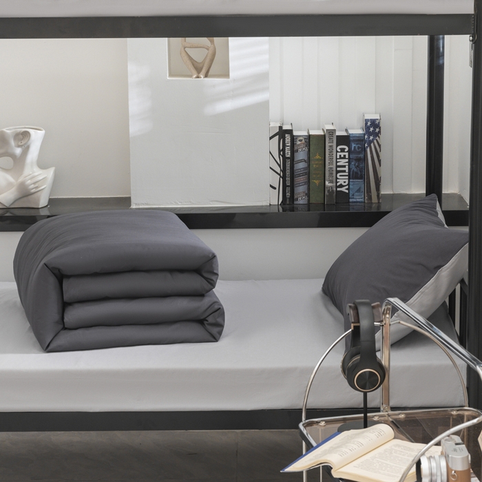 91家纺网 家纺一手货源 找家纺 柠萌家居 2025新款无印良品风色织水洗棉A类学生宿舍三件套 深灰浅灰