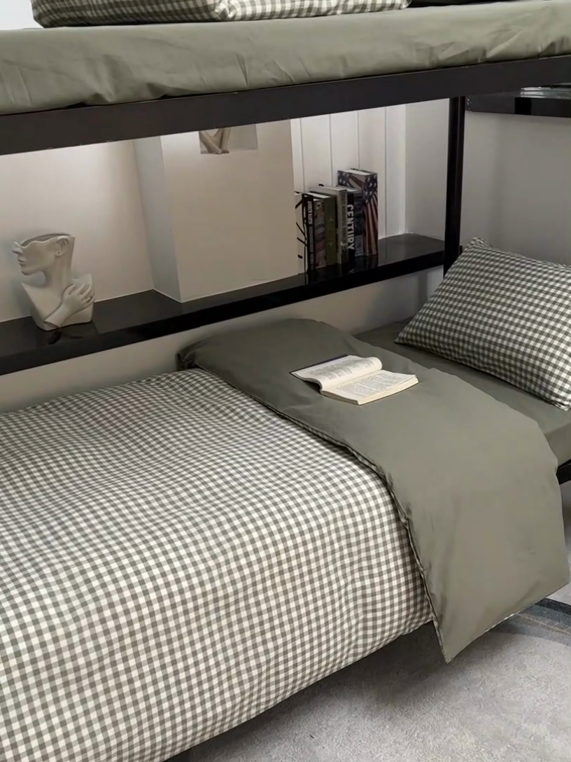 91家纺网 家纺一手货源 找家纺 柠萌家居 2025新款无印良品风色织水洗棉A类学生宿舍三件套 小格绿