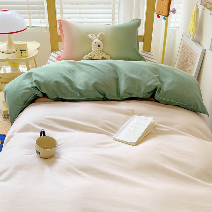 91家纺网 家纺一手货源 找家纺 楠沐家纺 2025新款亲肤芦荟棉印花学生宿舍上下铺四件套三件套 松石粉绿