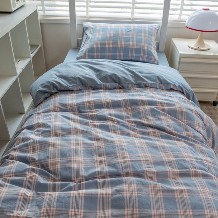 91家纺网 家纺一手货源 找家纺 柠萌家居 2025新款无印良品风色织水洗棉A类学生宿舍三件套 麦凯蓝