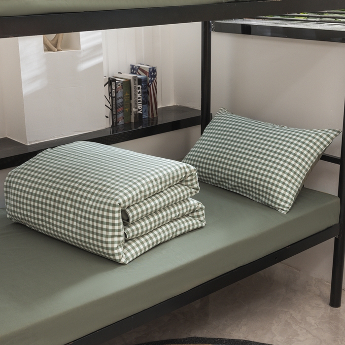 91家纺网 家纺一手货源 找家纺 柠萌家居 2025新款无印良品风色织水洗棉A类学生宿舍三件套 小格绿