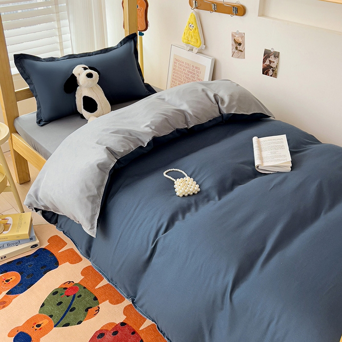 91家纺网 家纺一手货源 找家纺 楠沐家纺 2025新款亲肤芦荟棉印花学生宿舍上下铺四件套三件套 牛仔蓝银灰