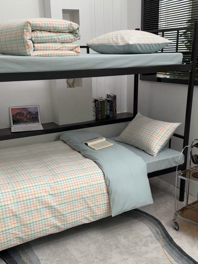 91家纺网 家纺一手货源 找家纺 柠萌家居 2025新款无印良品风色织水洗棉A类学生宿舍三件套 冰激凌绿