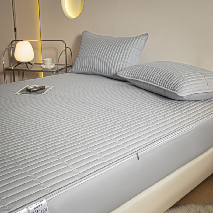 91家纺网 家纺一手货源 找家纺 雪云美 六面全包夹棉床笠拉链款A类原棉床垫套子床罩 格韵-月光灰