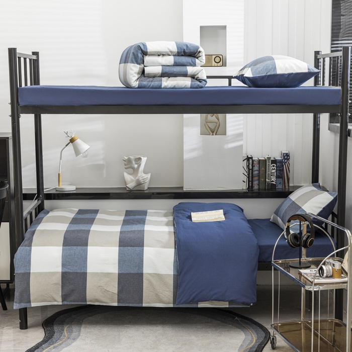 91家纺网 家纺一手货源 找家纺 柠萌家居 2025新款无印良品风色织水洗棉A类学生宿舍三件套 蓝调格