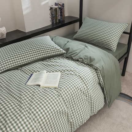 柠萌家居 2025新款无印良品风色织水洗棉A类学生宿舍三件套 小格绿
