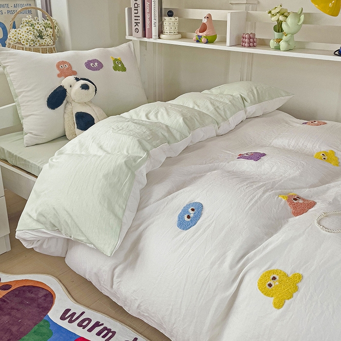 91家纺网 家纺一手货源 找家纺 韩巢家纺 2024新款超柔水洗棉毛巾绣学生宿舍上下铺单件被套-小精灵系列 小精灵白绿