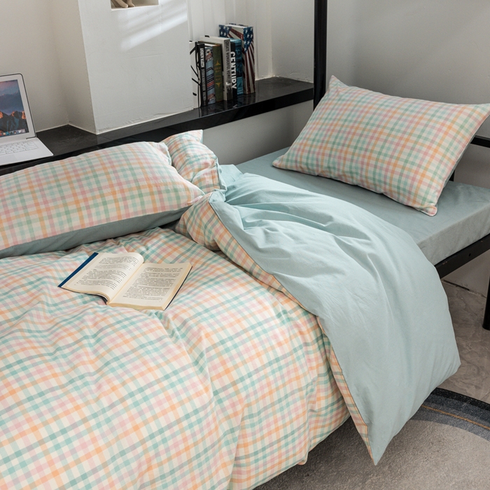 91家纺网 家纺一手货源 找家纺 柠萌家居 2025新款无印良品风色织水洗棉A类学生宿舍三件套 冰激凌绿