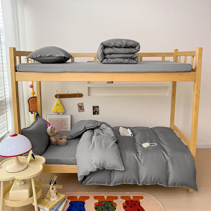 91家纺网 家纺一手货源 找家纺 楠沐家纺 2025新款亲肤芦荟棉印花学生宿舍上下铺四件套三件套 深灰