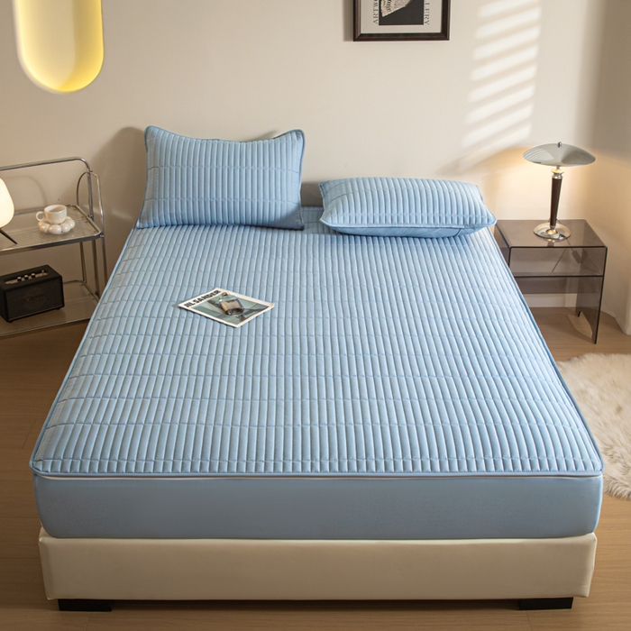 91家纺网 家纺一手货源 找家纺 雪云美 六面全包夹棉床笠拉链款A类原棉床垫套子床罩 格韵-天空蓝