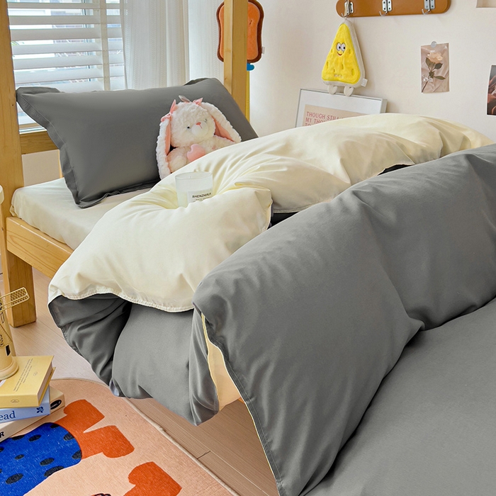 91家纺网 家纺一手货源 找家纺 楠沐家纺 2025新款亲肤芦荟棉印花学生宿舍上下铺四件套三件套 银灰米黄